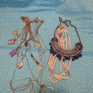 Multi-Strand Pearl & Bead Statement Necklace - Pastel Pink, Blue & Pearl